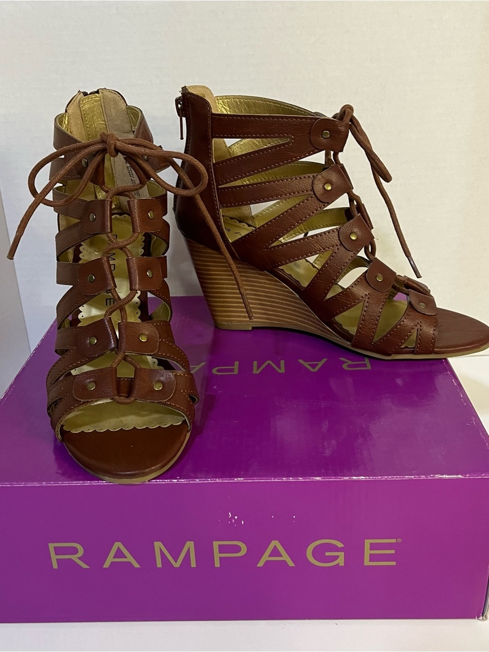 Rampage Cognac Brown Strappy Lace-Up Wedge Sandals